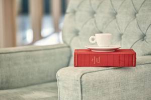 Rotes Buch auf einem grauen Sofa mit einer weißen Tasse und Untertasse
