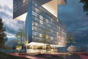 Architekturrendering des nhow Amsterdam RAI Hochhauses bei Nacht mit hellen Fenstern und umgeben von Bäumen und Pflanzen