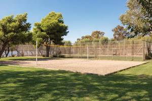 Ein Volleyballplatz mit einem Netz und umliegenden Bäumen und einem Wasserkörper im Hintergrund.
