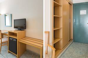 Zwei Ansichten eines Hotelzimmers im Principal Affiliated by RH, mit Schreibtisch, Fernseher und Kleiderschrank.