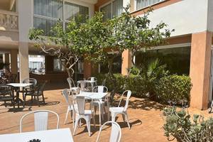 Außenterrasse des Canyamel Classic Hotels mit weißen Tischen und Stühlen, umgeben von Pflanzen und Bäumen.