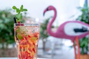 Ein Cocktail im Glas mit Eis, Früchten und Minze, vor einem rosa Flamingo.