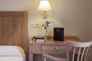 Blick auf den Schreibtischbereich im Voramar Formentera Hotelzimmer mit Lampe, Blumen, Büchern und Nachttisch