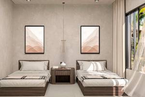 Zwei Betten mit weißen Kissen in einem modernen Schlafzimmer, das zum Aldiana Club Naga Bay gehört.