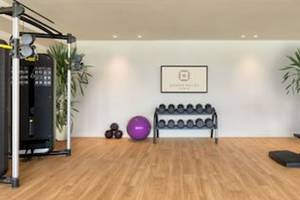Innenansicht des Fitness-Centers im Domes Aulus Zante Hotel mit Trainingsgeräten und Pflanzen.