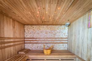 Eine Holzsauna mit einem Holzbecken und einer beleuchteten Decke.