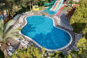 Luftaufnahme des Pools und Wasserrutschen des Megasaray Resort in Side