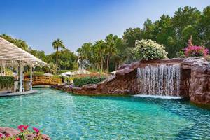 Ein Pool mit Wasserfall im Garten des Ritz-Carlton Doha, umgeben von Pflanzen und Bäumen.