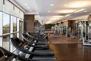 Fitnesscenter im Hyatt Regency Oryx Doha mit Laufbändern und anderen Geräten.