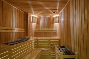 Innenansicht einer Holzsauna mit Liegeflächen, Holzeimer und Holzregale.
