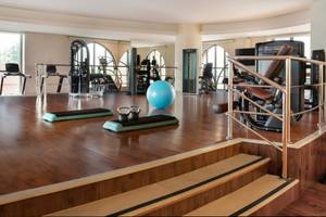 Fitnessraum im St. Regis Doha mit verschiedenen Trainingsgeräten und einem blauen Medizinball.