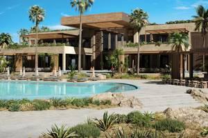 Architektur-Design des JAZ Riviera Hotels mit Swimmingpool und Palmen