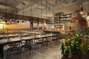 Innenansicht des Restaurants im Hilton Dubai Palm Jumeirah mit langen Tischen und Stühlen, hängenden Lampen und Pflanzen.