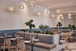 Innenraum des Mare Paphos Hotels mit modernen Möbeln, Pflanzen und hängenden Lampen.