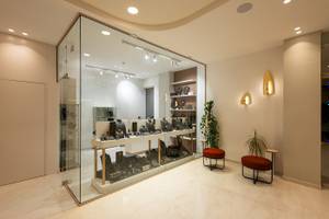 Innenansicht des Schmuckladens im Vantaris Palace mit Glasvitrine, Regalen und Pflanzen.