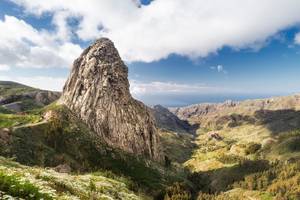 Aussicht auf einen Berg mit Blumen und einer Straße im Tal