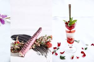 Cocktail mit Garnelen-Spieß, Tintenfisch und Früchten im Myconian Ambassador Relais & Chateaux